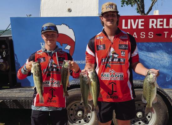 The Wills Point High School duo of Cole Ondrusek and Tanner Spindle recently qualified for the state fishing tournament next month at Lake Palestine. Ondrusek and Spindle will be one of seven teams representing the Grand Saline High School Bass Association (GSHSBA). Photo courtesy of Wills Point ISD Facebook page