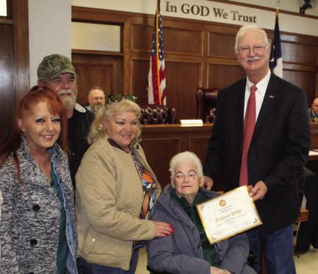 Frances Hyde was recognized during the March 27 regular meeting of the Van Zandt County Commissioners Court for her 28 years of service as a part-time VZC Pct. 2 Transfer Station employee. Story on 5A. Photo by David Barber
